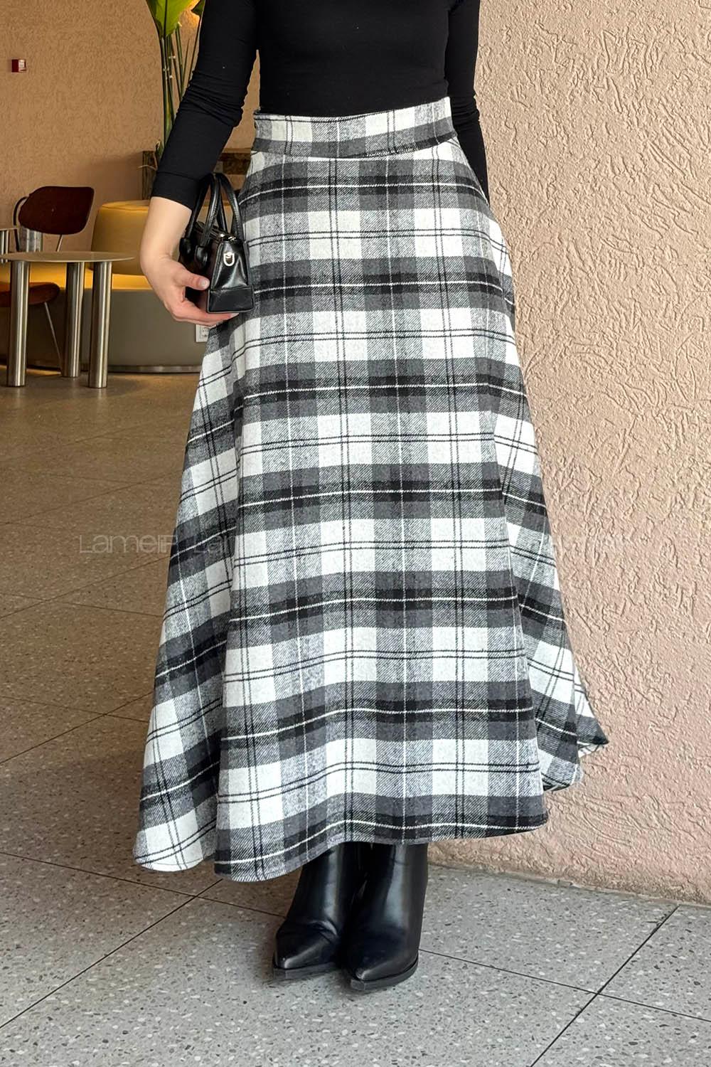 Lamelif Kaşe Ekose Detay Etek Siyah-Beyaz