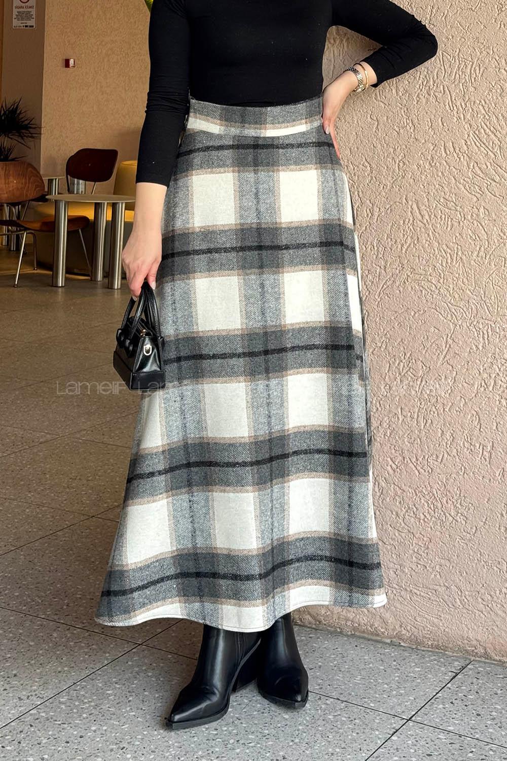 Lamelif Kaşe Ekose Detay Etek Taş Rengi