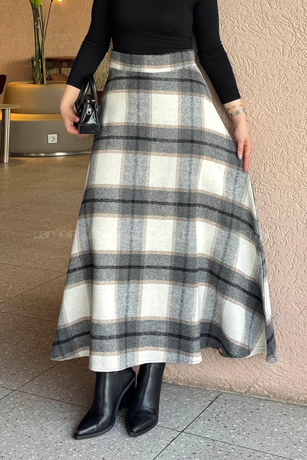 Lamelif Kaşe Ekose Detay Etek Taş Rengi