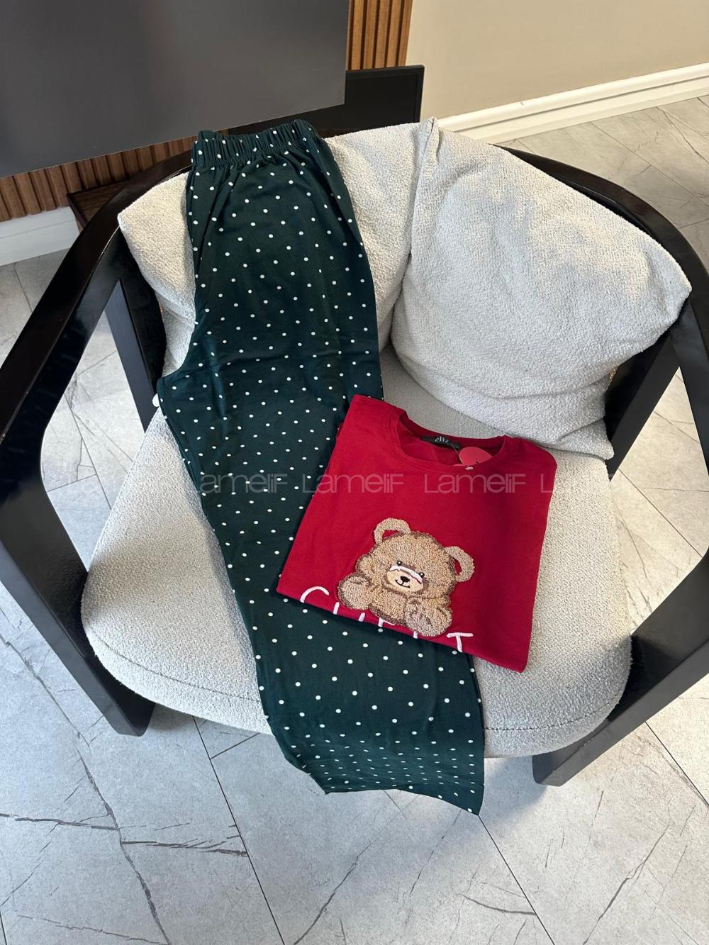 Lamelif Bambu Likralı Ayıcık Desenli Pijama Takımı