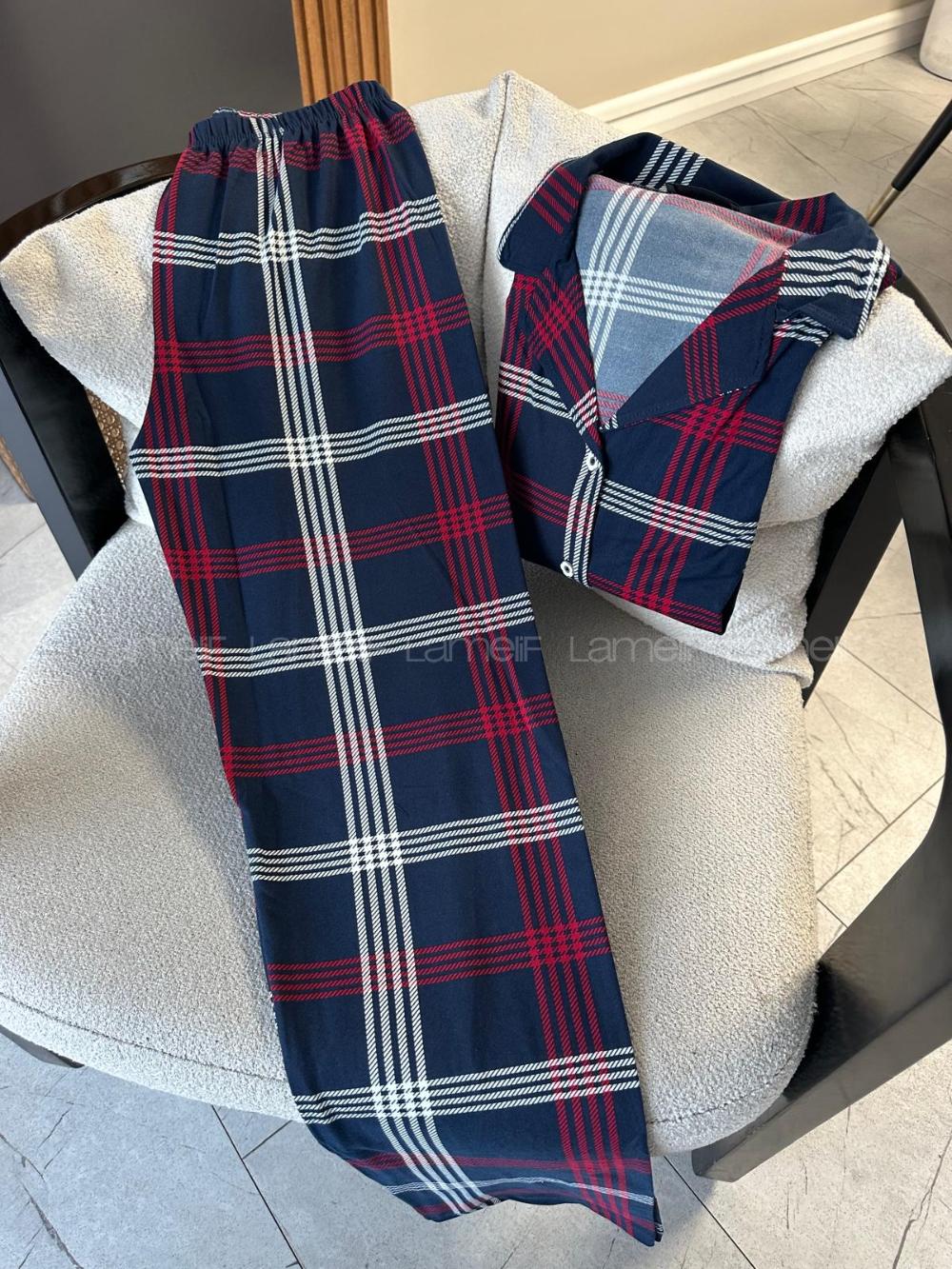 Lamelif Bambu Likralı Ekose Desenli Pijama Takım