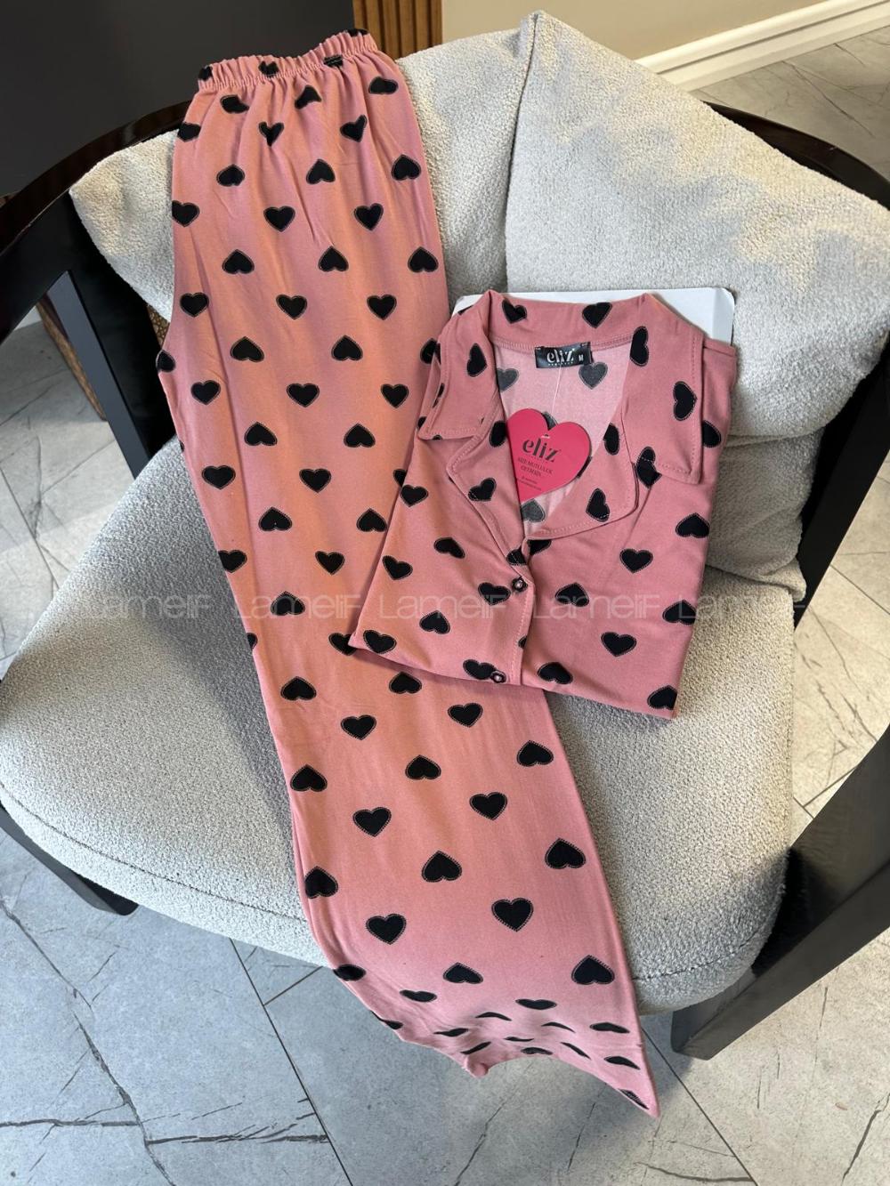 Lamelif Bambu Likralı Kalp Desenli Pijama Takım