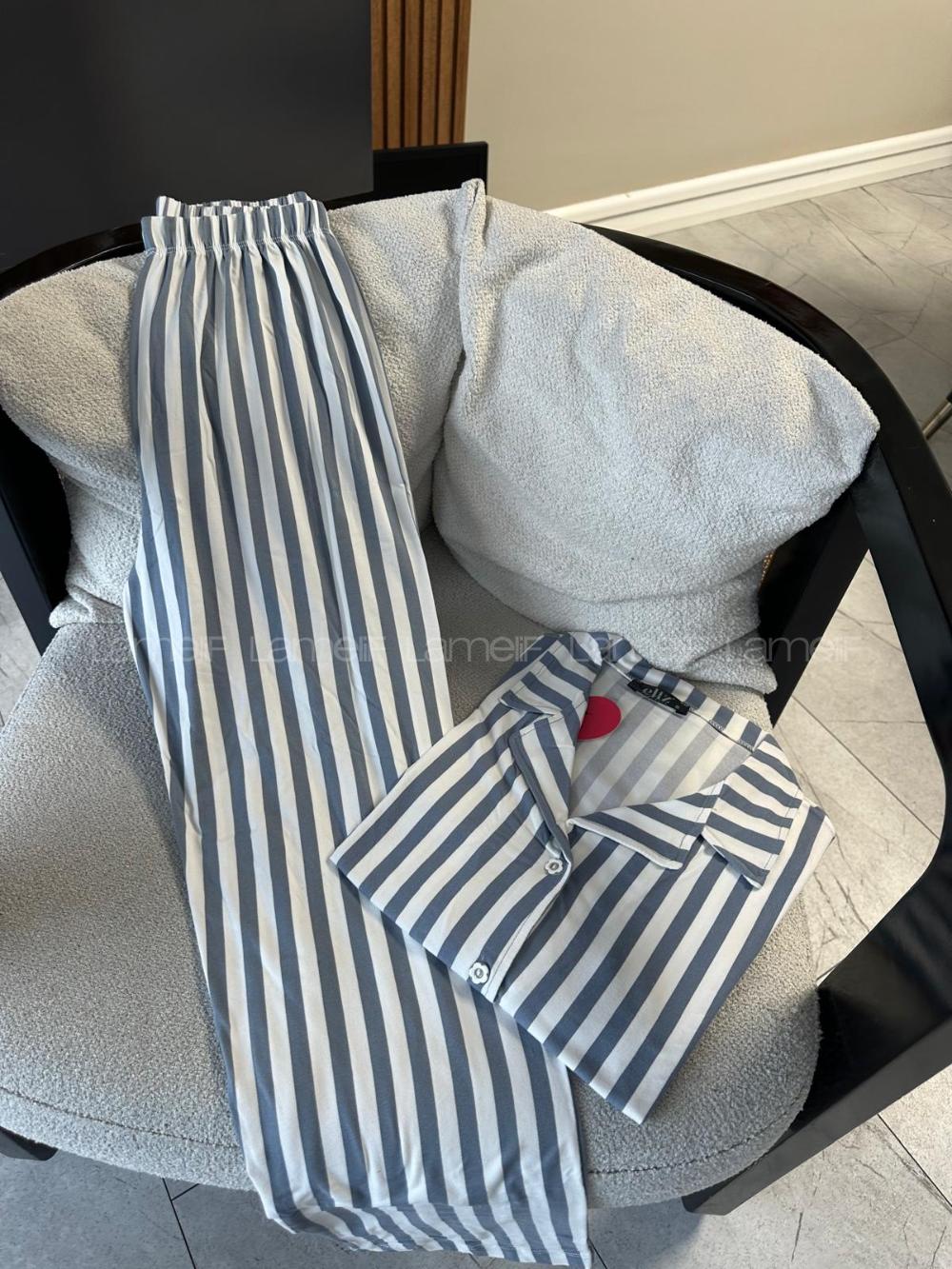 Lamelif Bambu Likraşe Şerit Desenli Pijama Takım 