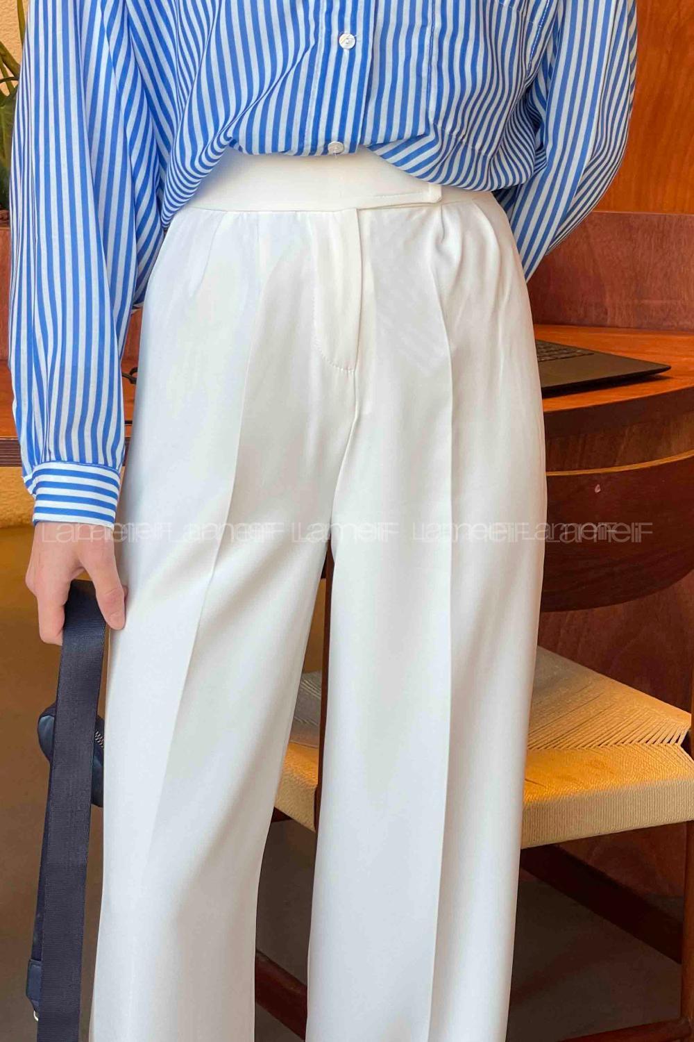 Lamelif Beli Cırt Cırtlı Palazzo Model Pantolon Beyaz