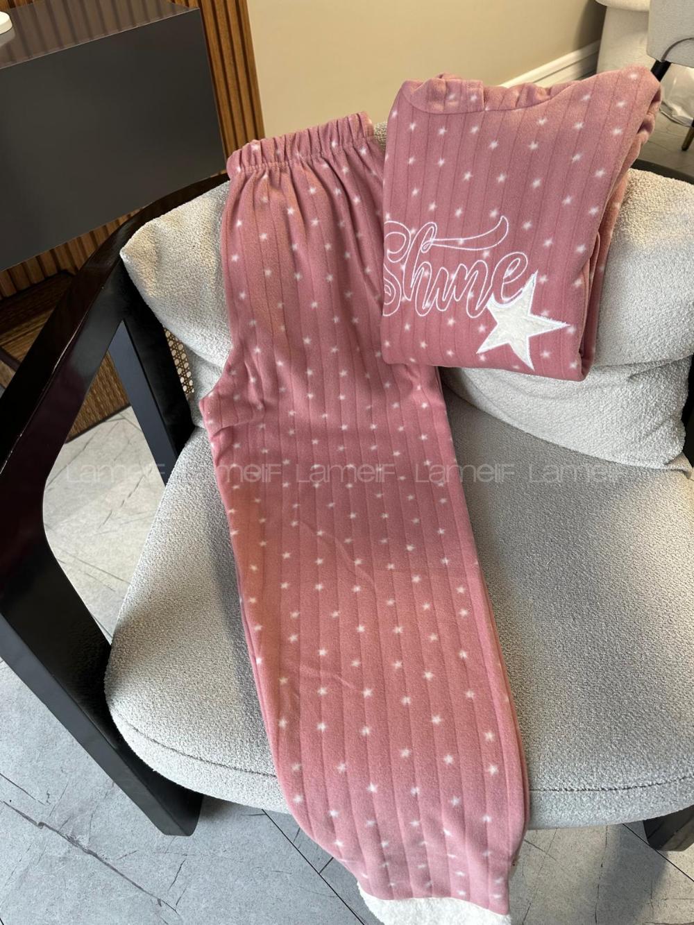 Lamelif Kapüşonlu Polar Peluş Detaylı Pijama Takımı