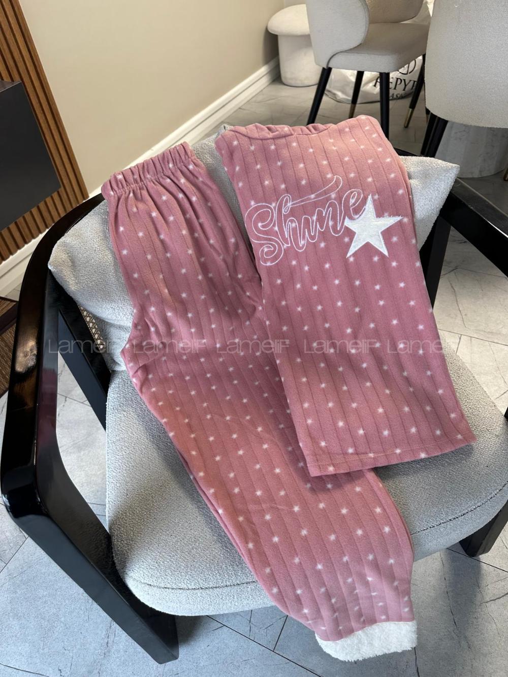 Lamelif Kapüşonlu Polar Peluş Detaylı Pijama Takımı