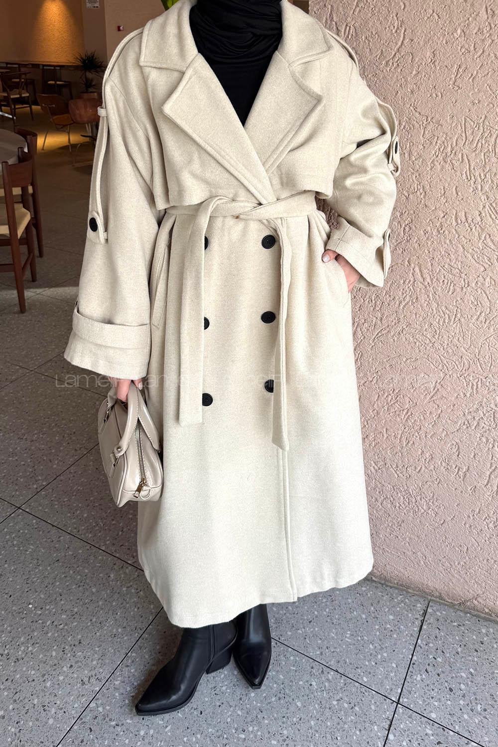 Stone Long Arm Belted Linen Trench Coat