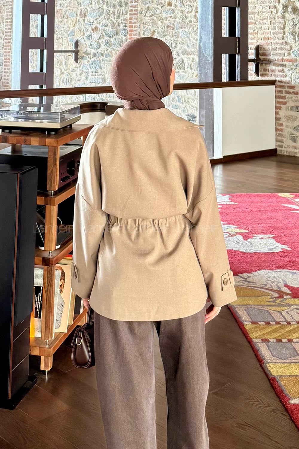 Lamelif Dökümlü Kemerli Trençkot Haki