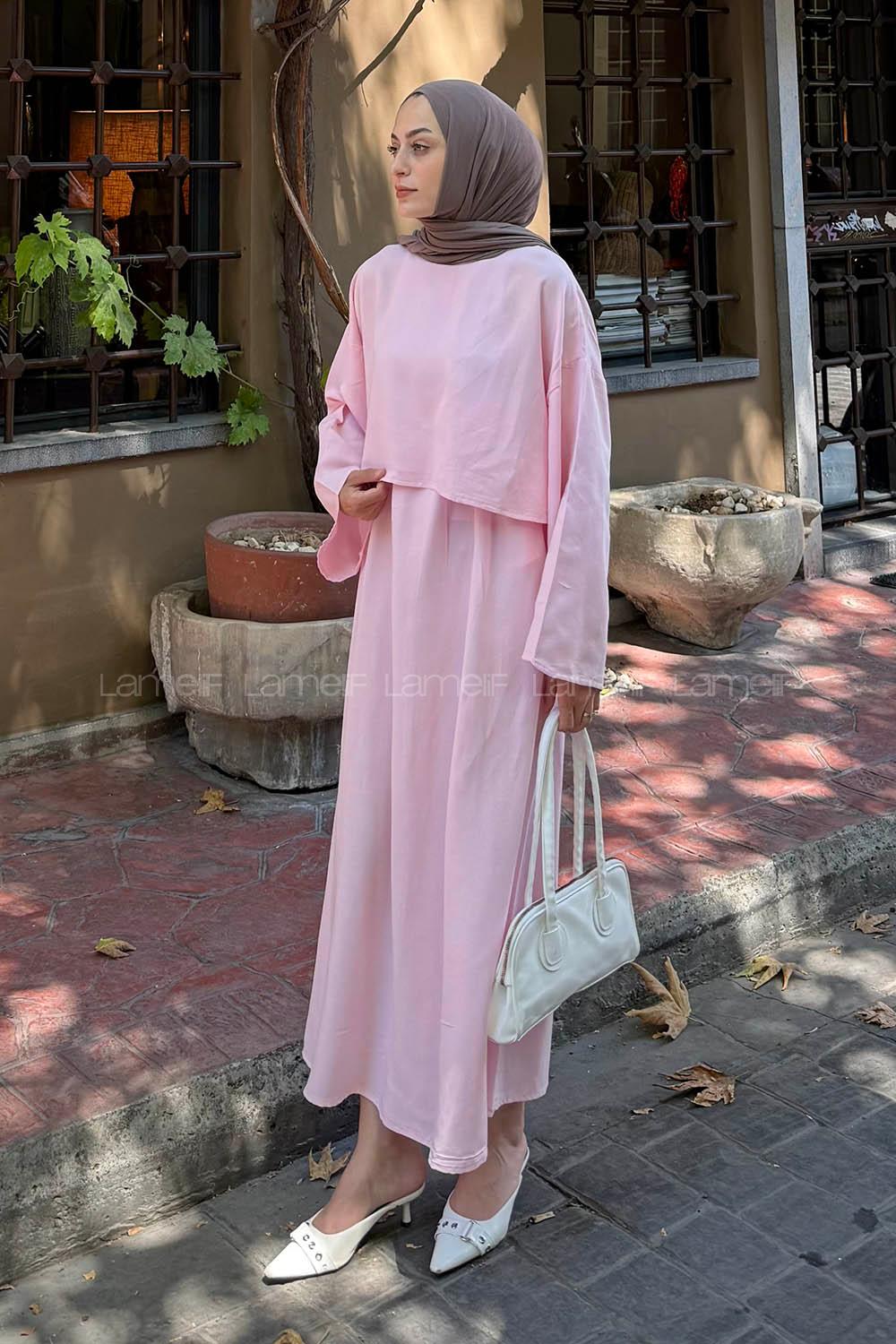 Pink Crew Neck Long Arm Linen Flare Suit