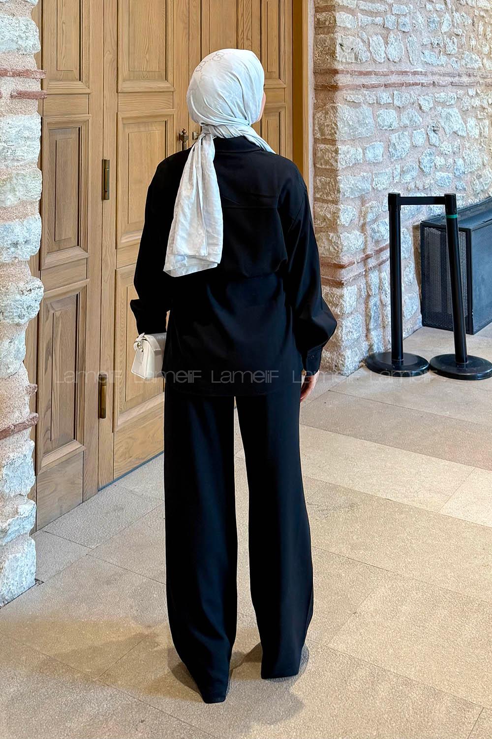 Black Shirt Collar Long Arm Polyester Regular Trousers Comfortable Suit