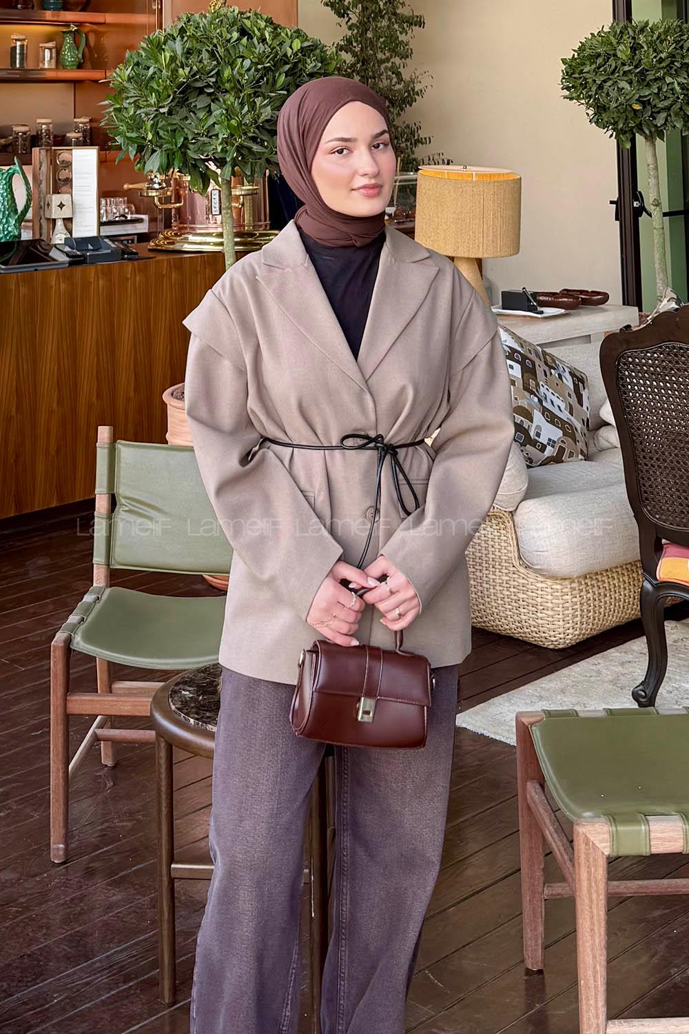 Lamelif Kol Detaylı Oversize Ceket Toprak