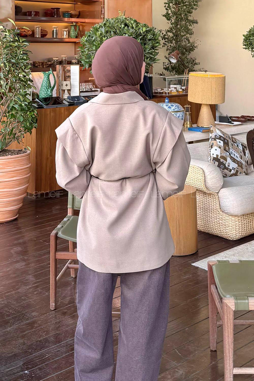 Lamelif Kol Detaylı Oversize Ceket Toprak