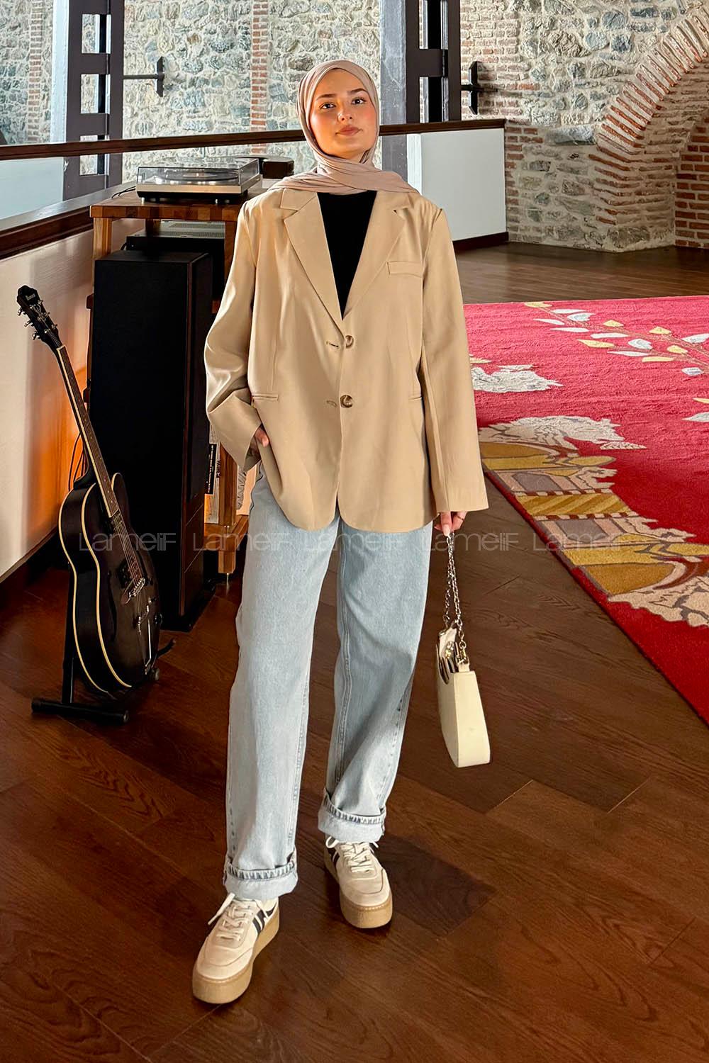 Lamelif Oversize Gizli Cep Ceket Vizonrengi