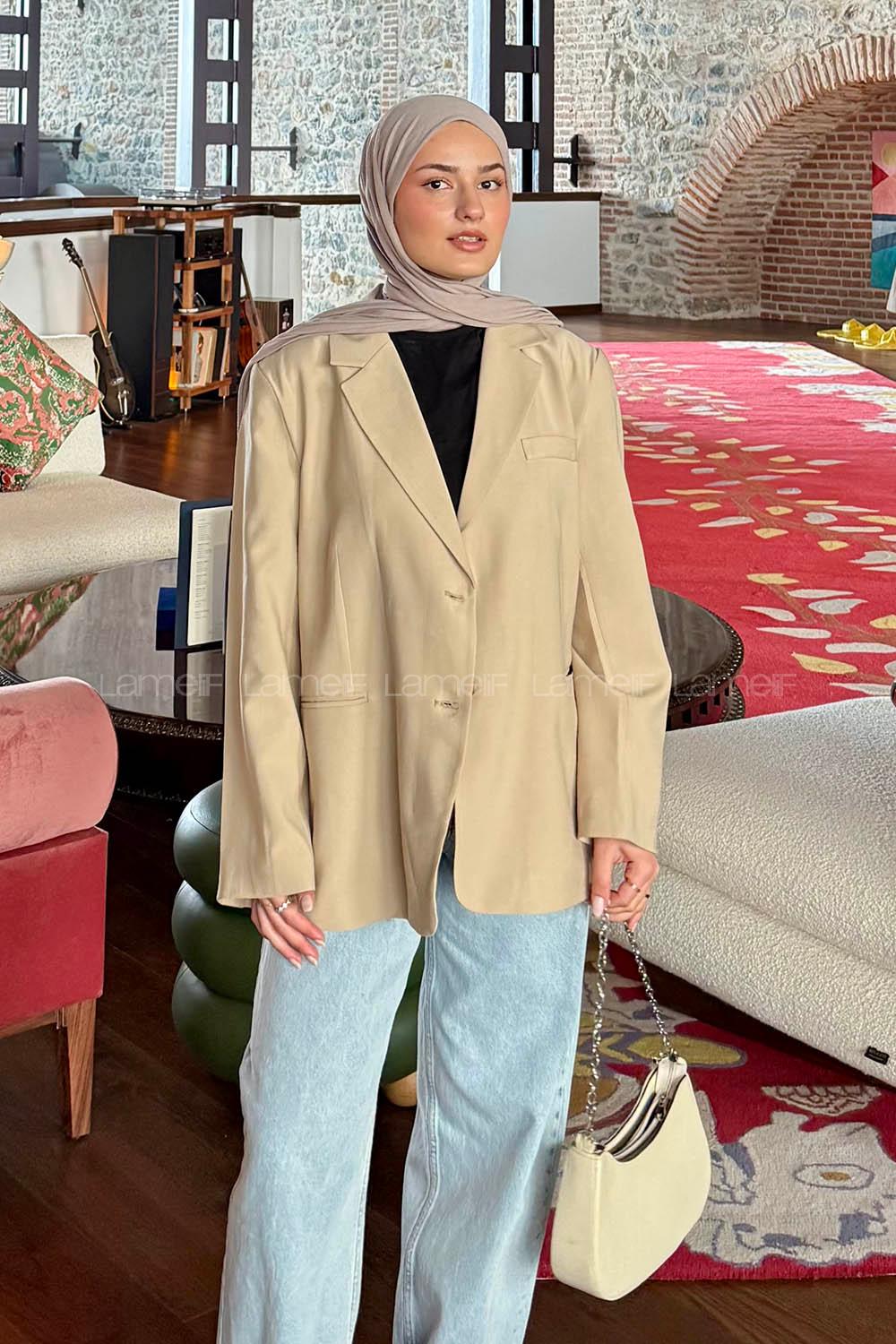 Lamelif Oversize Gizli Cep Ceket Vizonrengi