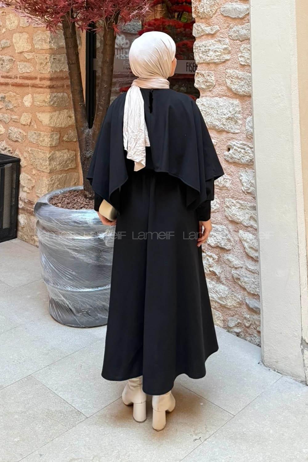 Lamelif Pelerin Detaylı Elbise Siyah