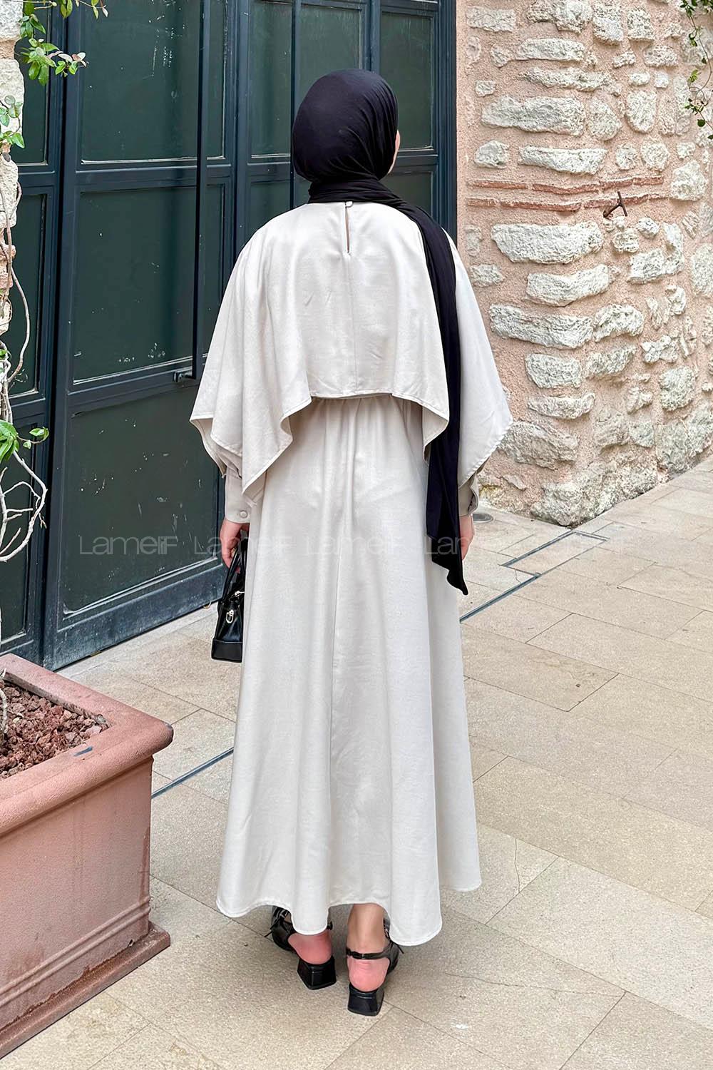 Lamelif Pelerin Detaylı Elbise Taş Rengi