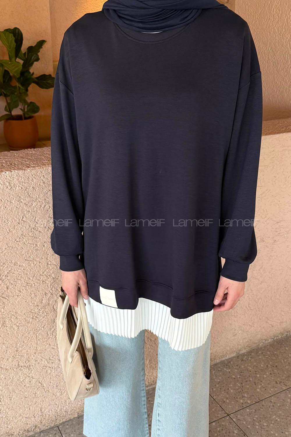 Lamelif Pilise Detaylı Tunik Lacivert