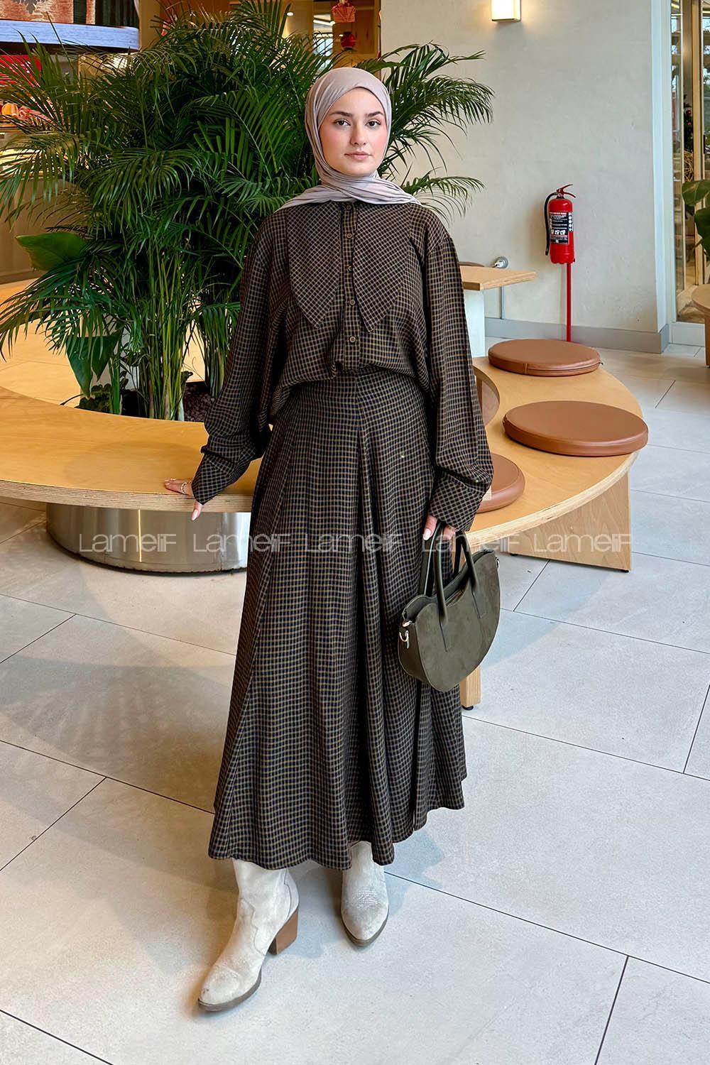 Lamelif Ekoseli Takım Siyah-Haki