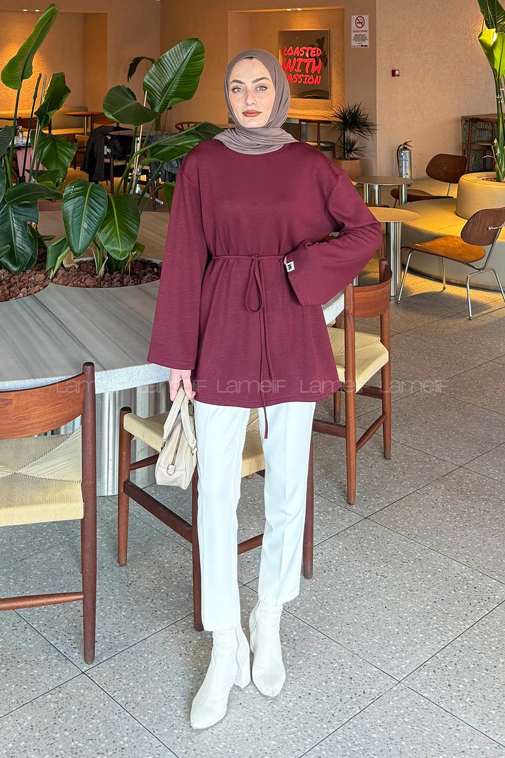 Lamelif Bağlama Detaylı Oysho Sweat Bordo