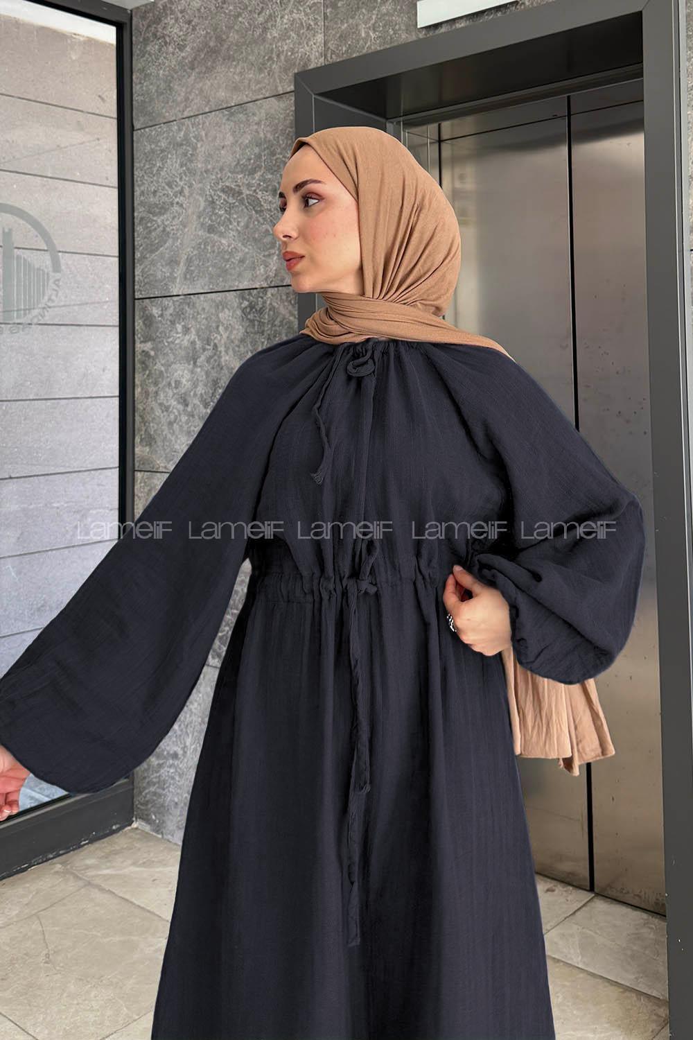 Lamelif Balon Kol Bağlamalı Tesettür Elbise Siyah