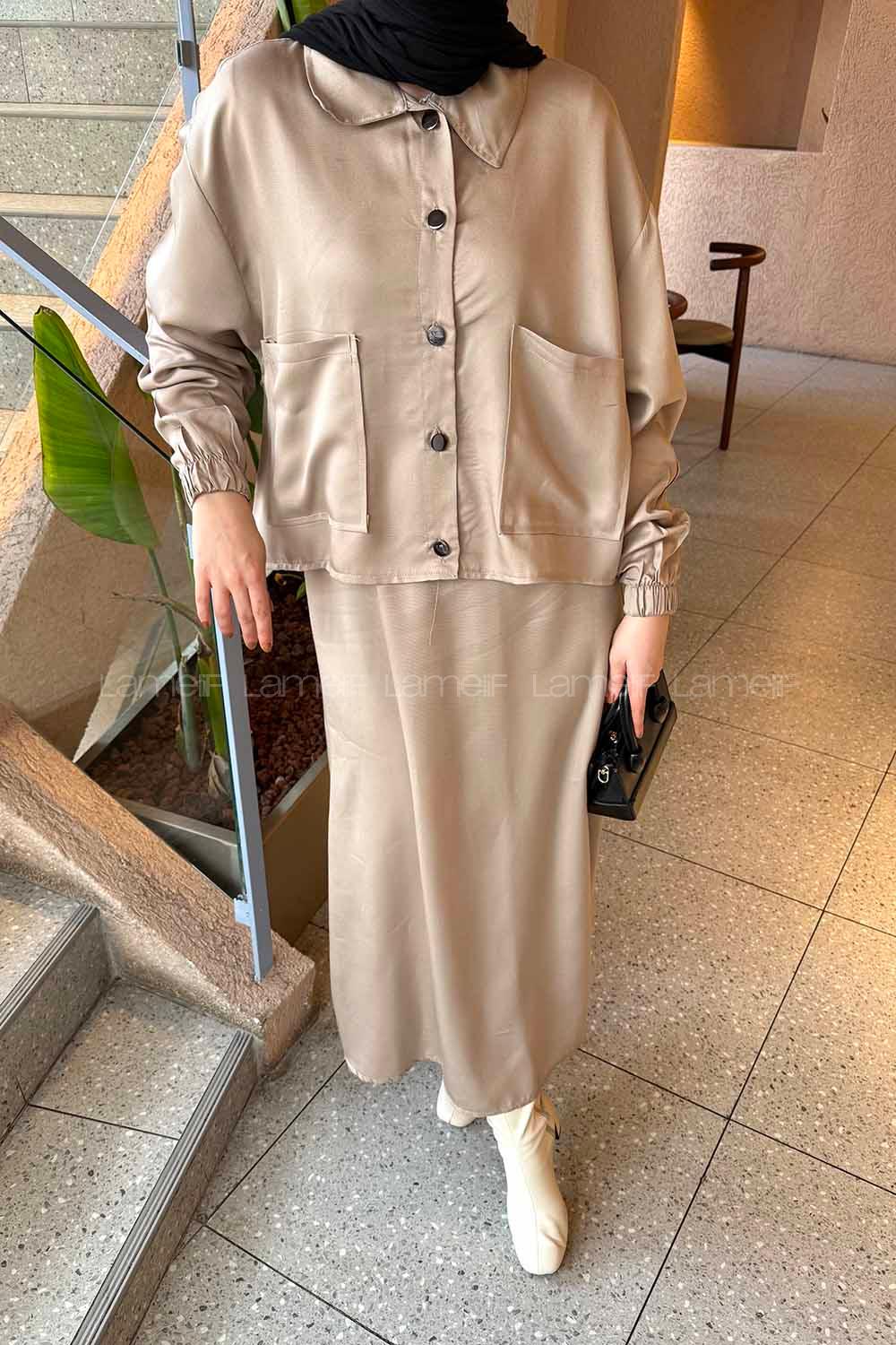 Lamelif Cep Detaylı İkili Etek Tesettür Takım Kum Beji