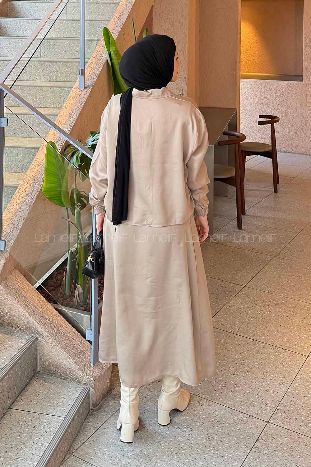 Lamelif Cep Detaylı İkili Etek Tesettür Takım Kum Beji