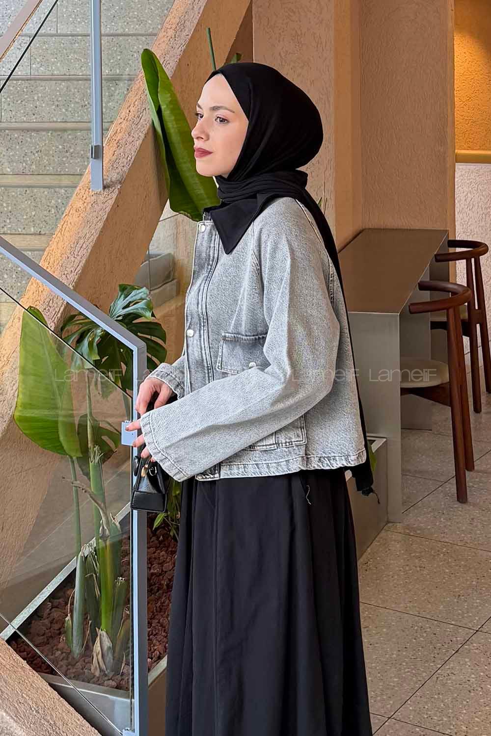 Lamelif Çıtçıtlı Siyah Gömlek Yaka Detaylı Denim Ceket Gri