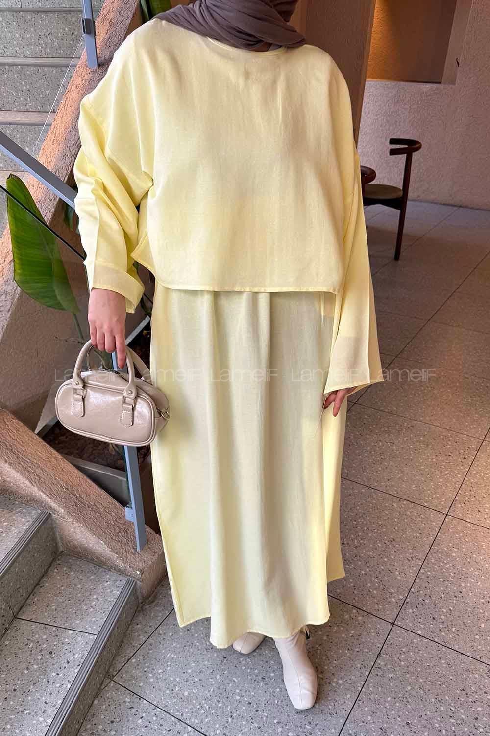 Yellow Crew Neck Long Arm Linen Flare Suit