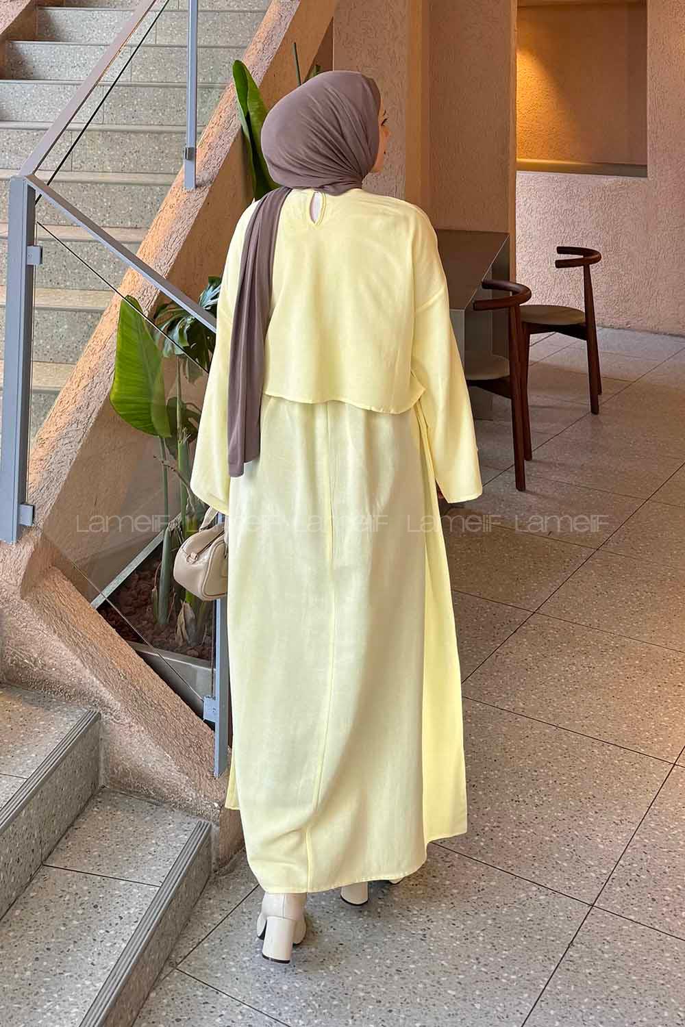 Yellow Crew Neck Long Arm Linen Flare Suit