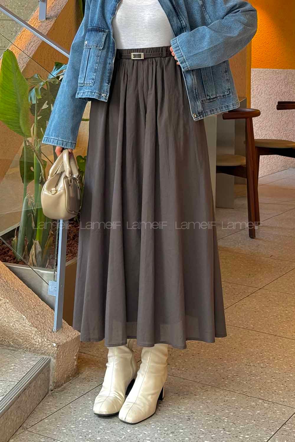 Lamelif Kemerli Cepli Tesettür Etek Koyu Kahverengi