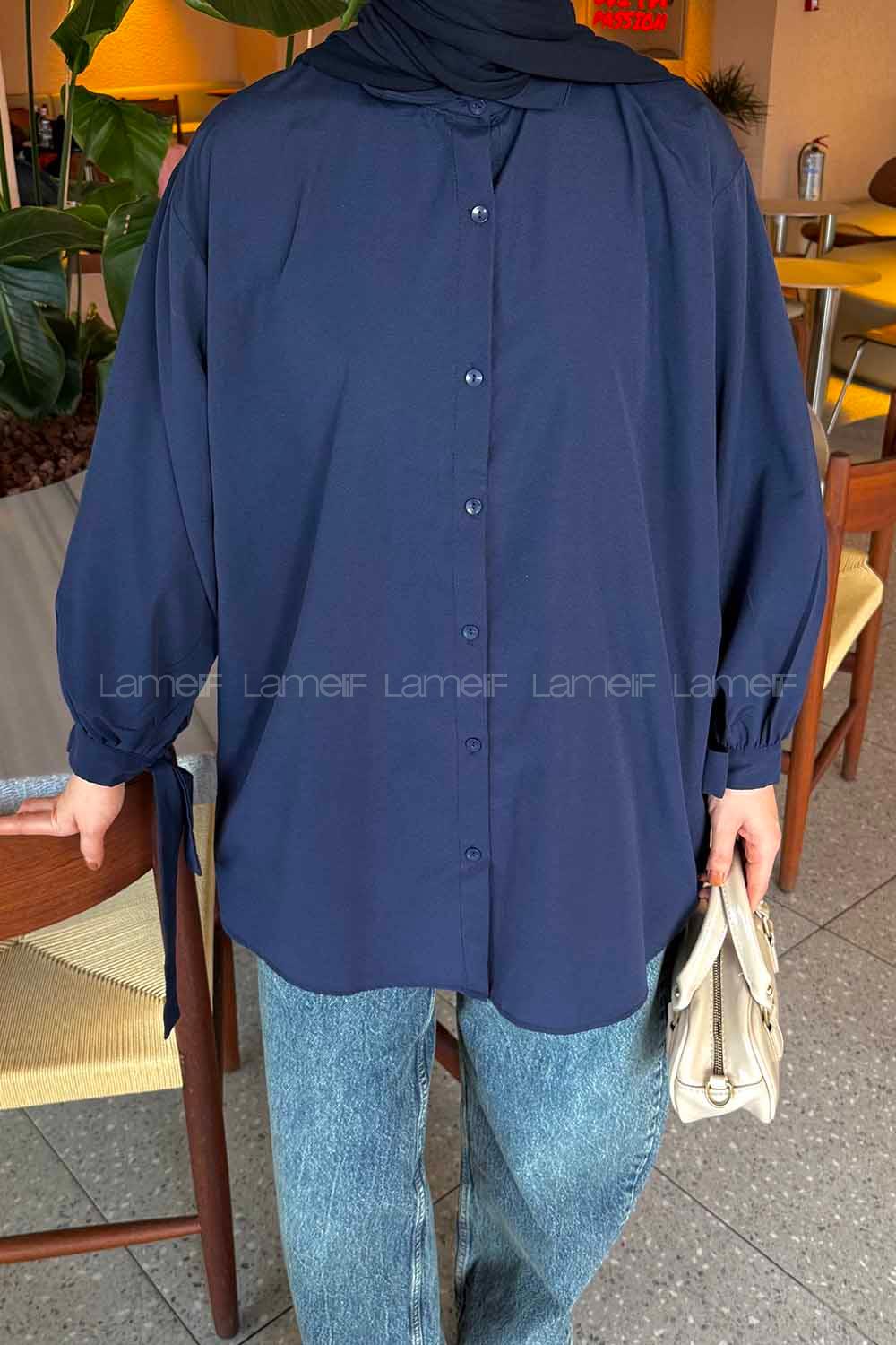 Navy Blue Shirt Collar Long Arm Cotton Shirt