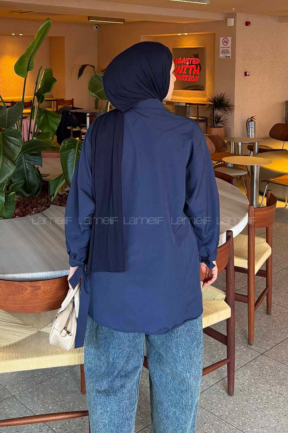 Navy Blue Shirt Collar Long Arm Cotton Shirt