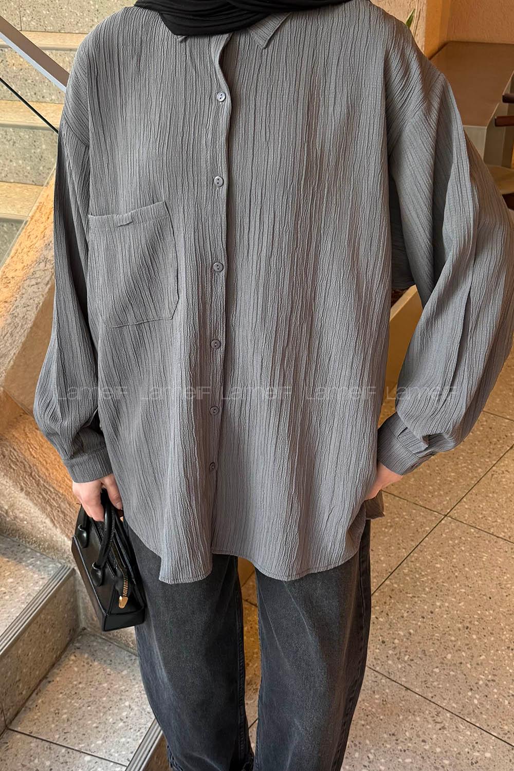 Anthracite Shirt Collar Long Arm Viscose Fabric Unprinted Shirt
