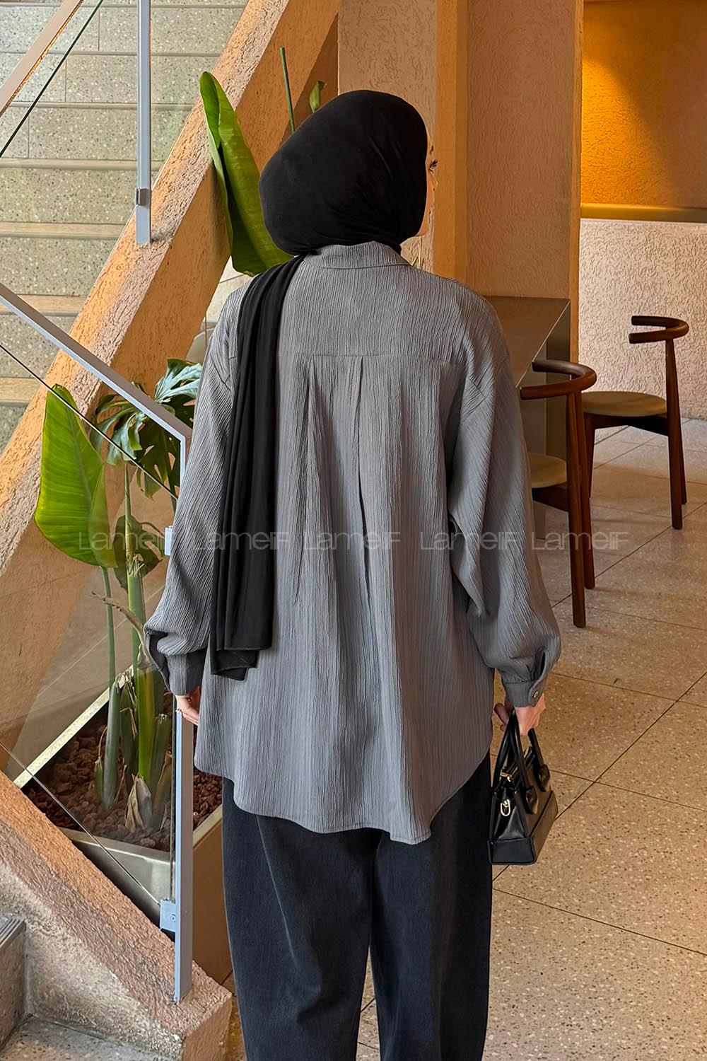 Anthracite Shirt Collar Long Arm Viscose Fabric Unprinted Shirt