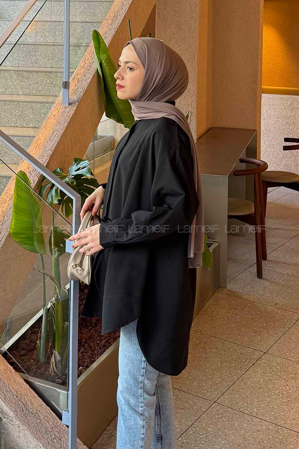 Black Mandarin Collar Long Arm Cotton Unprinted Shirt