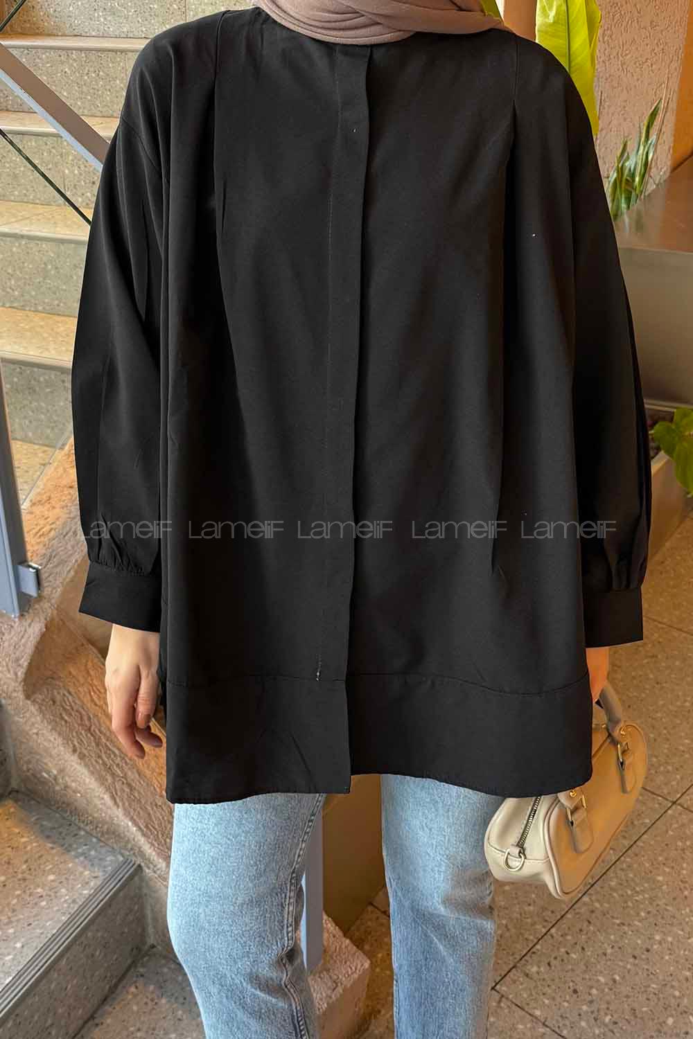 Black Mandarin Collar Long Arm Cotton Unprinted Shirt