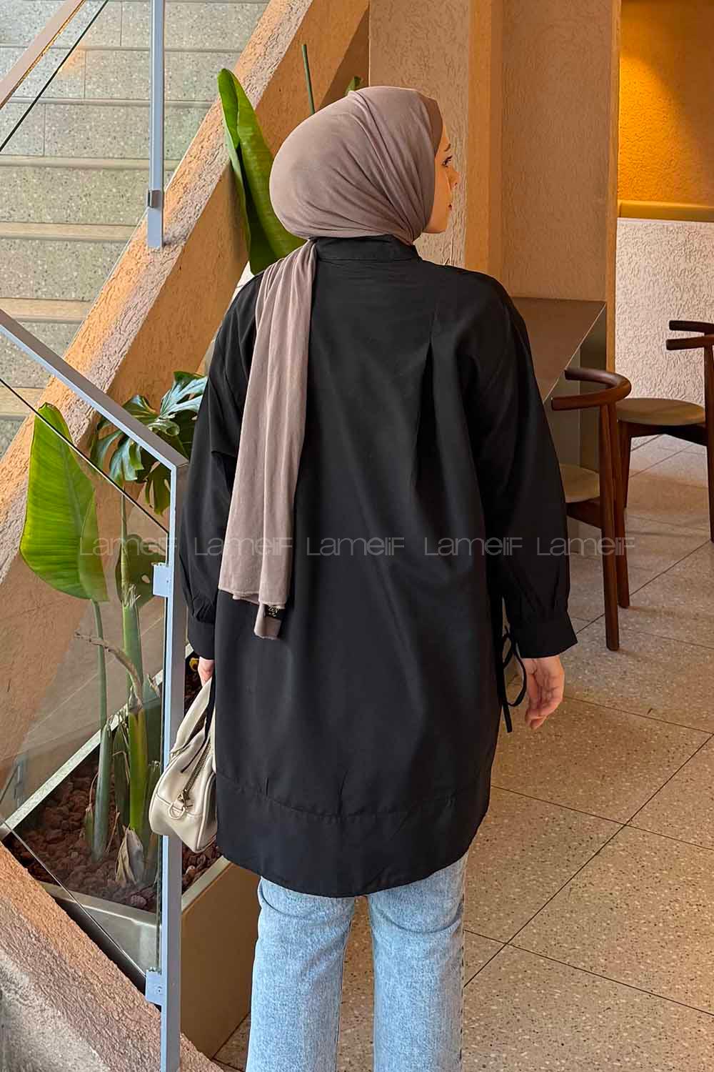 Black Mandarin Collar Long Arm Cotton Unprinted Shirt