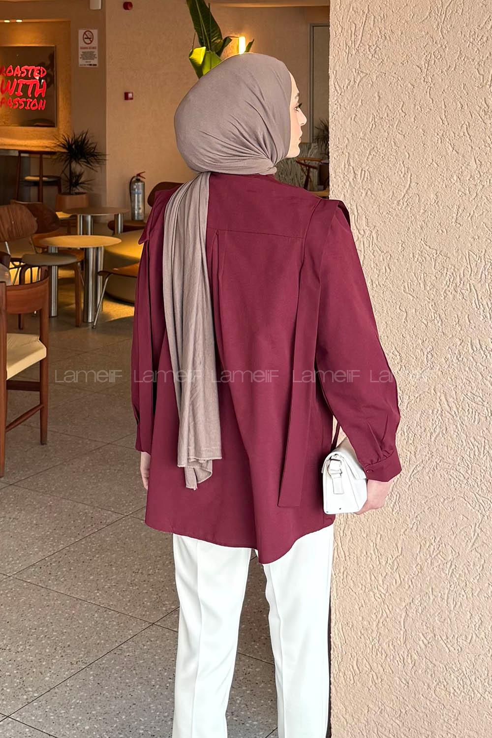 Claret Red Shirt Collar Long Arm Cotton Shirt