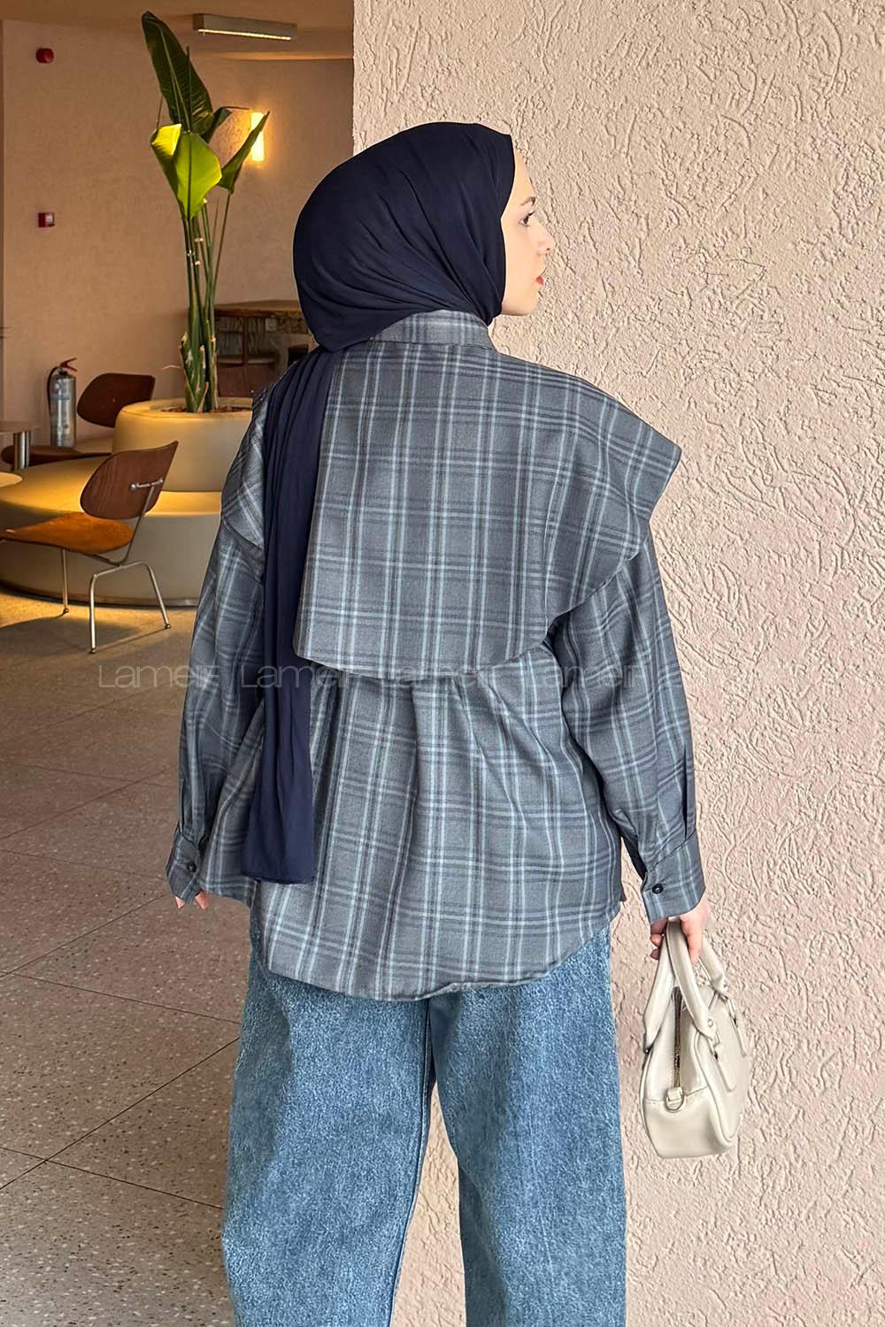 Lamelif Pelerin Yaka Ekose Desen Gömlek Antrasit