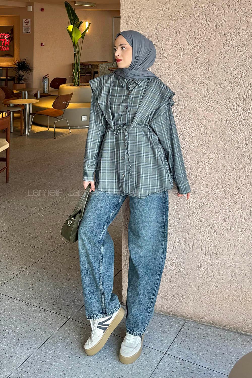 Lamelif Pelerin Yaka Ekose Desen Gömlek Haki