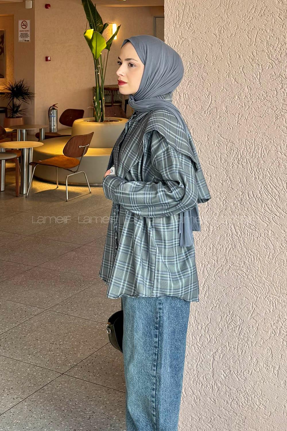 Lamelif Pelerin Yaka Ekose Desen Gömlek Haki