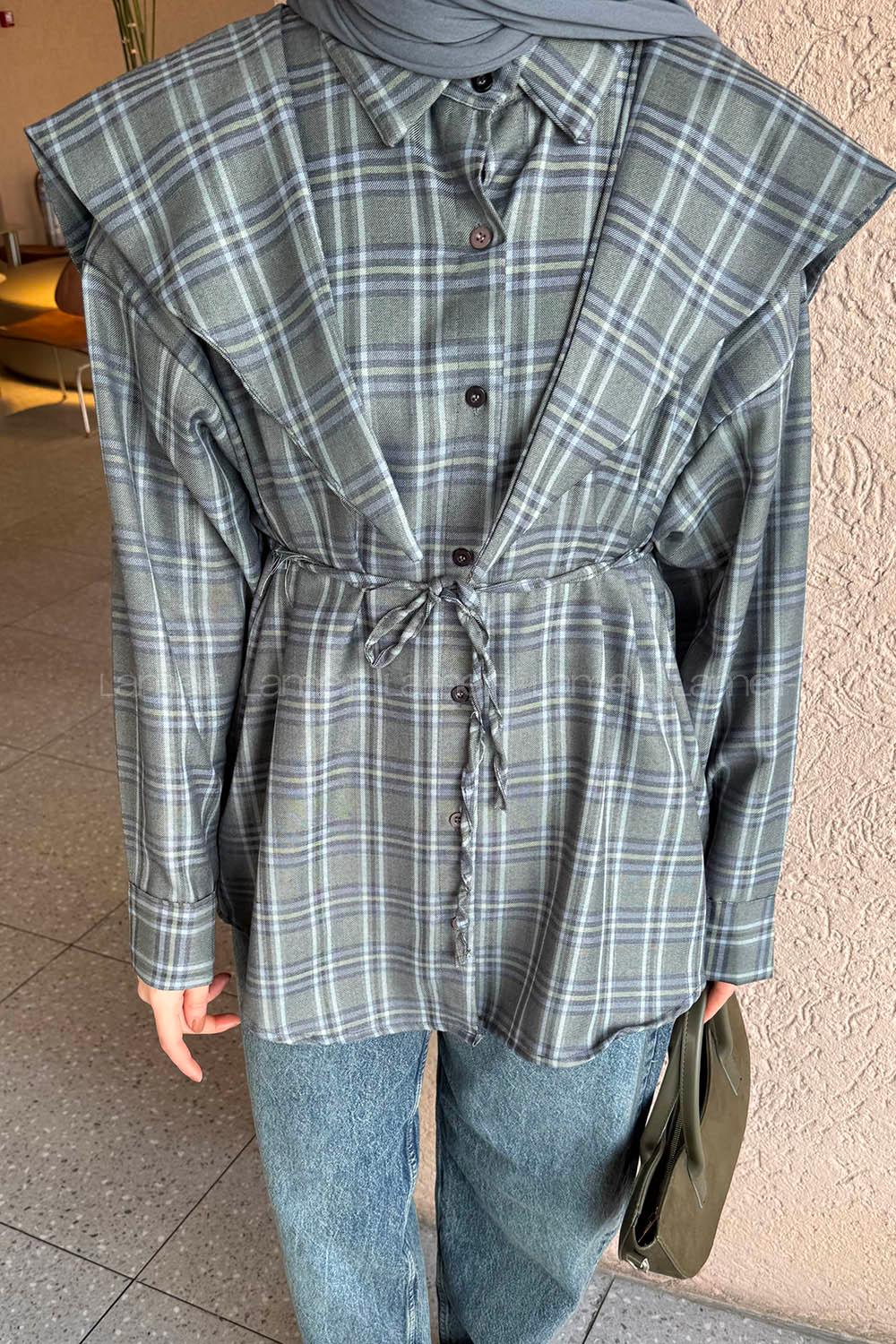 Lamelif Pelerin Yaka Ekose Desen Gömlek Haki