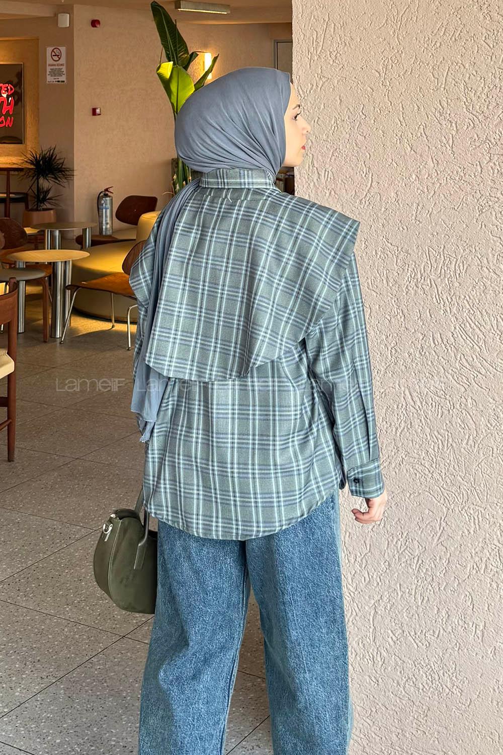 Lamelif Pelerin Yaka Ekose Desen Gömlek Haki