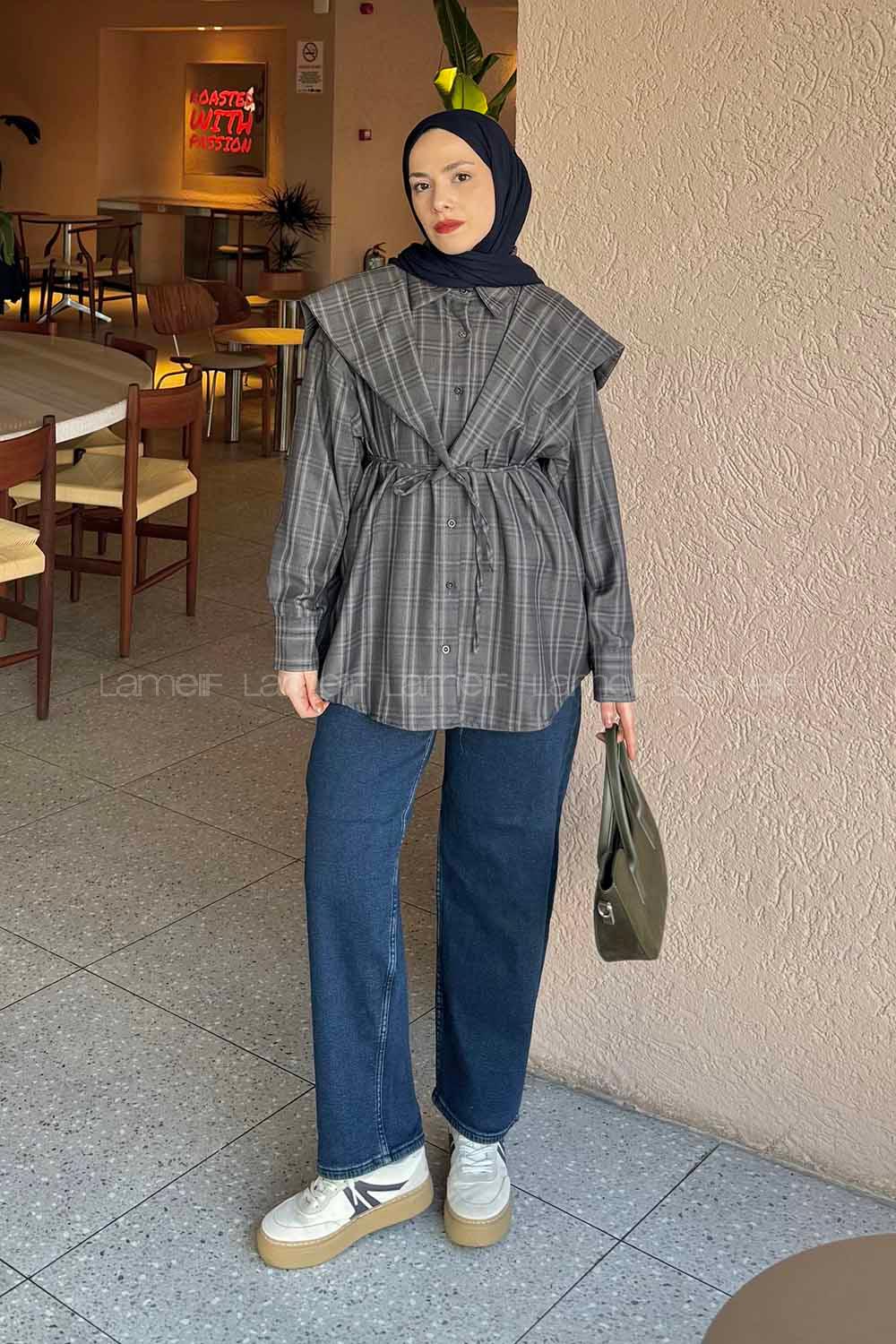 Lamelif Pelerin Yaka Ekose Desen Gömlek Koyu Kahverengi