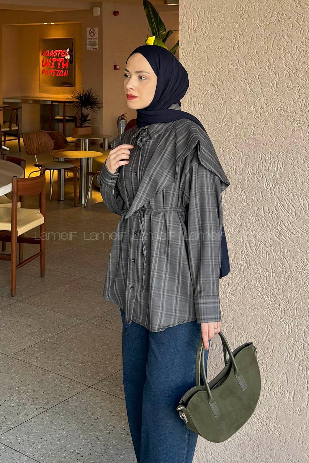 Lamelif Pelerin Yaka Ekose Desen Gömlek Koyu Kahverengi