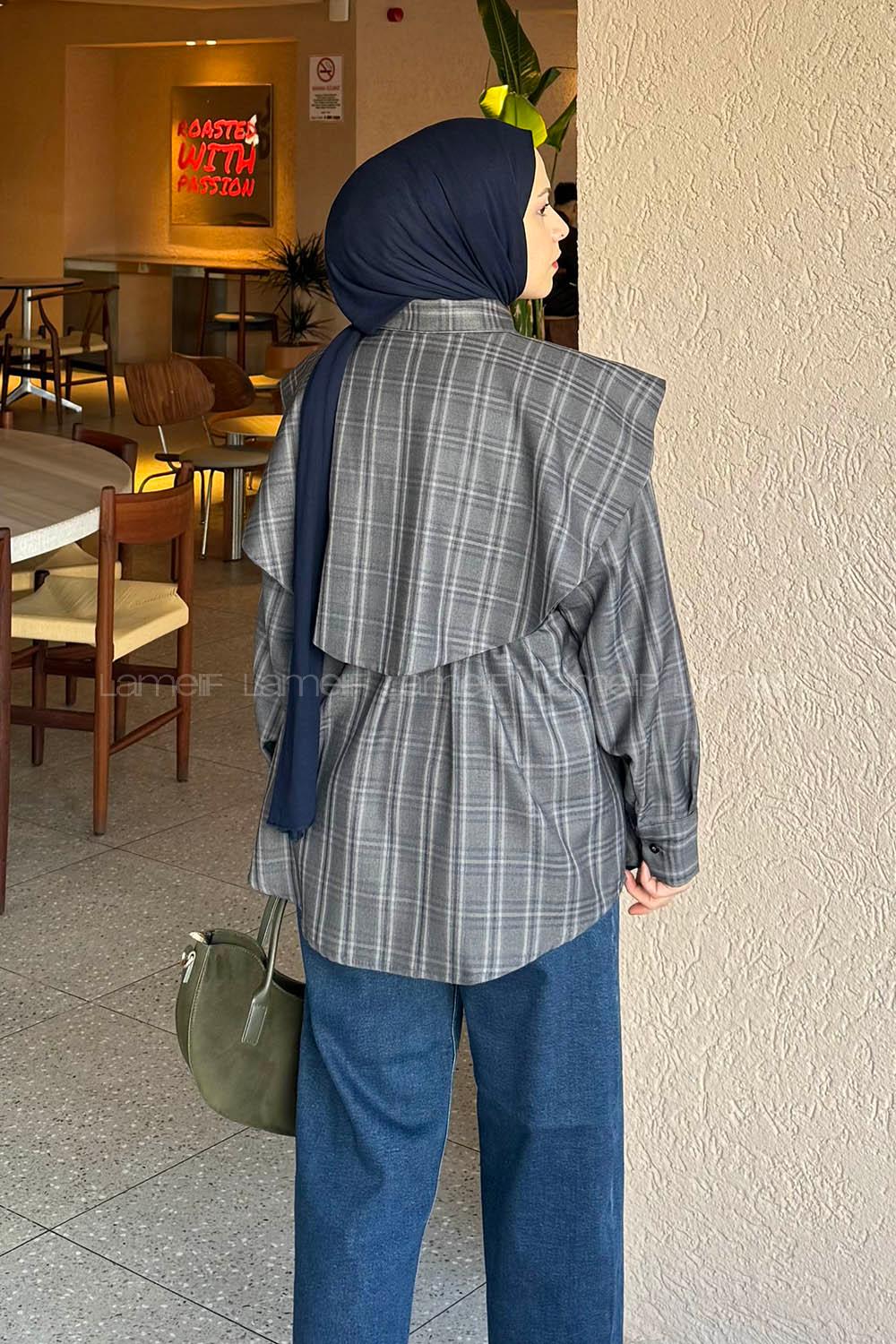 Lamelif Pelerin Yaka Ekose Desen Gömlek Koyu Kahverengi