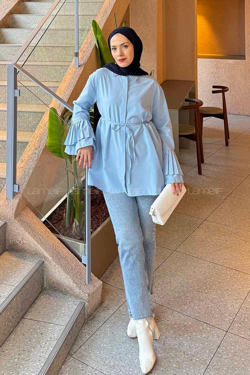 lamelif Piliseli Uzun Gömlek Mavi