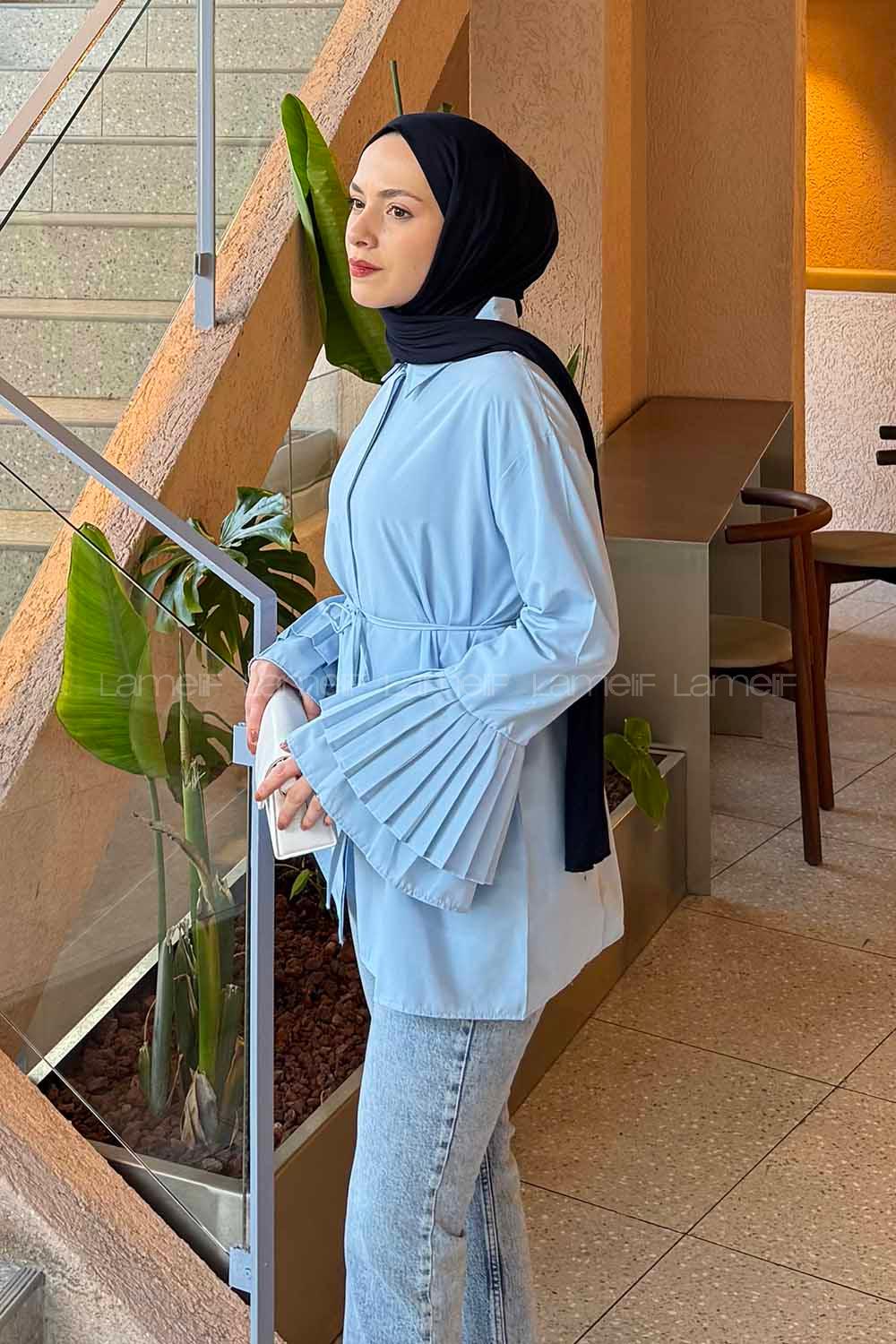 lamelif Piliseli Uzun Gömlek Mavi