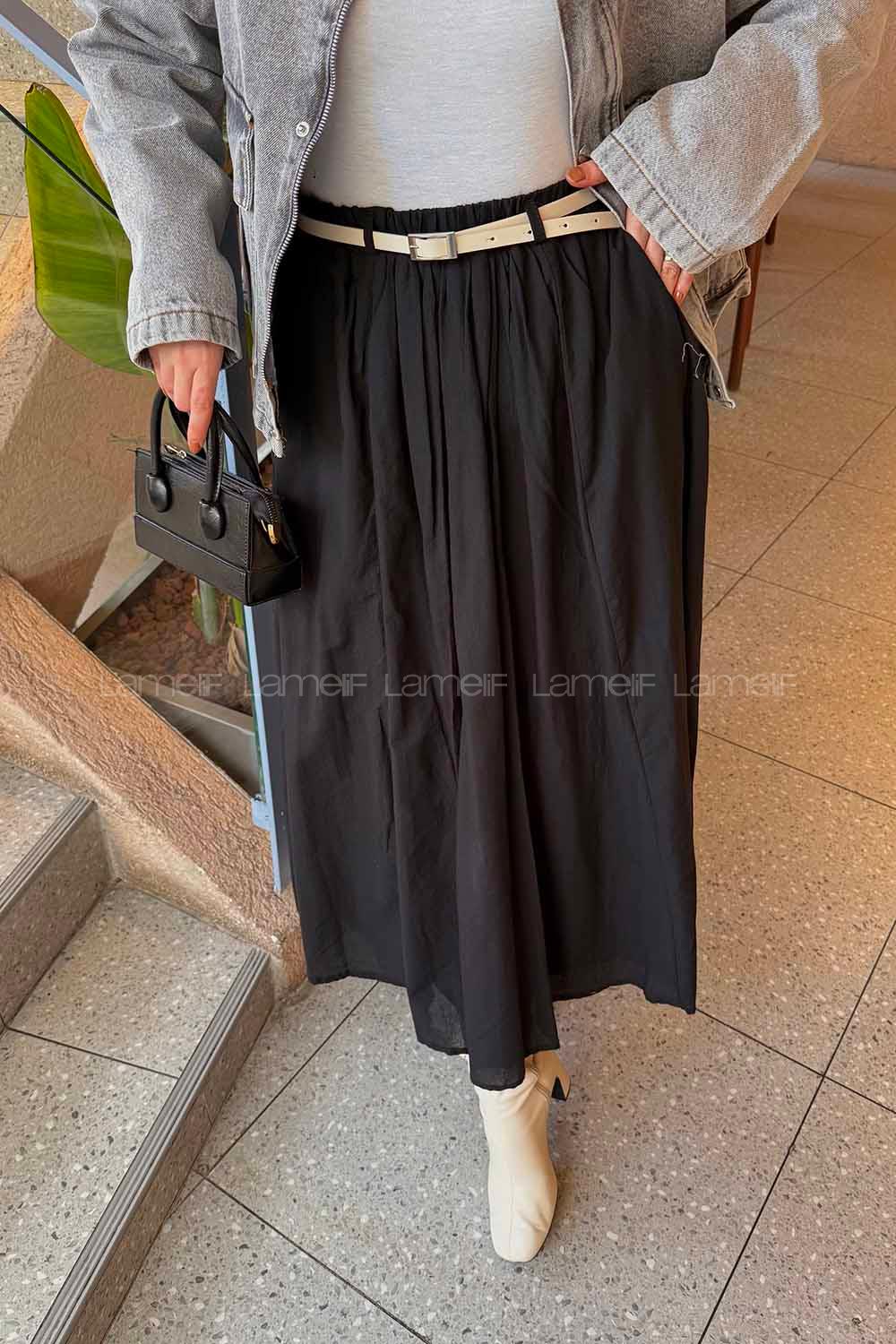 Lamelif Vual Kemerli Tesettür Etek Siyah