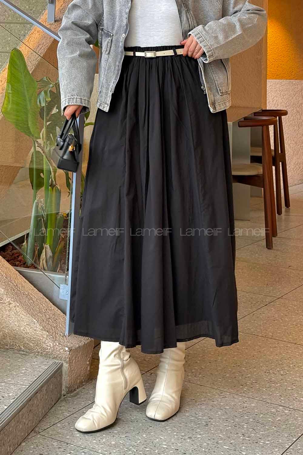 Lamelif Vual Kemerli Tesettür Etek Siyah